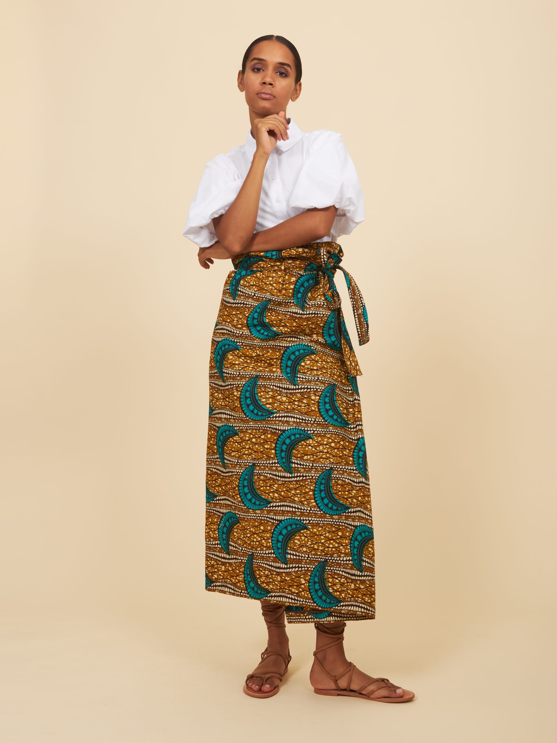 Skirt Portefeuille in gold and green crescents pattern - Odile Jacobs